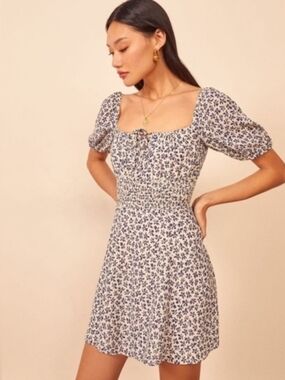 Reformation ivory and blue floral print smocked boitce puff sleeve dress